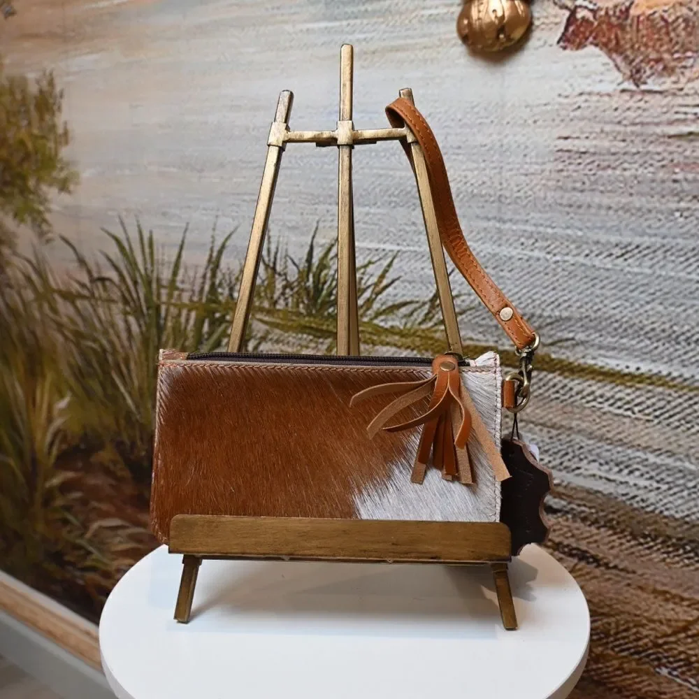 Klassy Cowgirl Hair on Cowhide Clutch Wristlet - brown and white